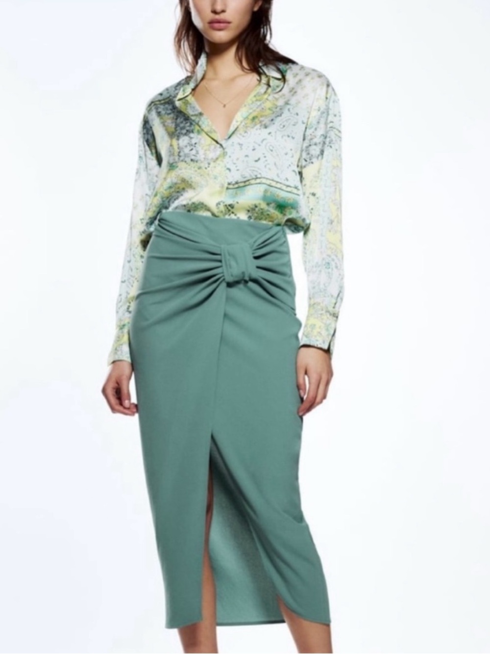 NWT Zara Sea Green Ruched Wrap Midi Skirt Size Small